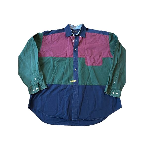 VTG 90s Shirt Mens L Colorblock retro button down 100% Cotton Hip Hop - Picture 3 of 10